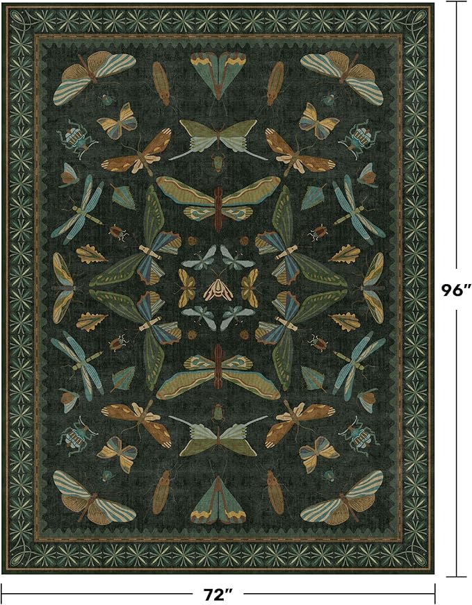 6x8 Dark Green Washable Dining Room Rug - Vintage Area Rug for Living Room, Bedroom Under Bed Low Pile & Soft, Insect Moth Floral Non Slip Low Pile Floor Carpet