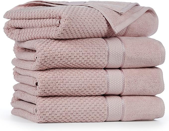 Ample Decor 100% Cotton Soft Pink Bath Towel for Bathroom Set of 4 Popcorn Textured - Super Soft, Quick-Dry, Highly Absorbent, Lightweight, Machine Washable - Mulaayam Collection - 30 X 54 Inch