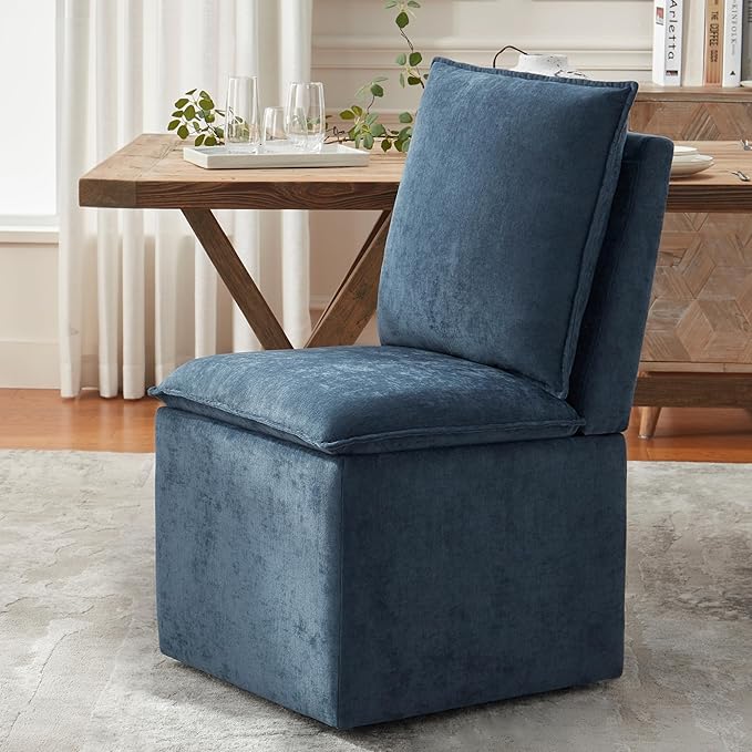 VKNOW Upholstered Dining Chairs, Modern Rolling Chairs with Storage and Wheels, Linen Armless Chair with Cushion and Backrest, Dining Room Chairs for Living Room Kitchen Bedroom, Nav