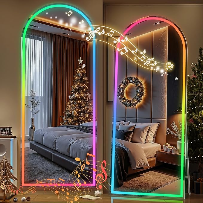 Hasipu 78.7" x 31.4" Arch LED RGB Bluetooth Full Length Mirror with Stand ＆ 7 Color Lighting Modes, Full Body Mirror with White Frame for Bedroom, Living Room, Dressing Room