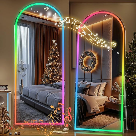 Hasipu 78.7" x 31.4" Arch LED RGB Bluetooth Full Length Mirror with Stand ＆ 7 Color Lighting Modes, Full Body Mirror with White Frame for Bedroom, Living Room, Dressing Room