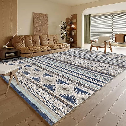 RUGSURE Washable Area Rugs 6' x 9' - 1/6 Thick - Moroccan-Inspired -Stain & Water Resistant Non-Slip - Resistant Rug for Living Room, Bedroom, Nursery, Pet & Child Friendly (Blue and Brown)