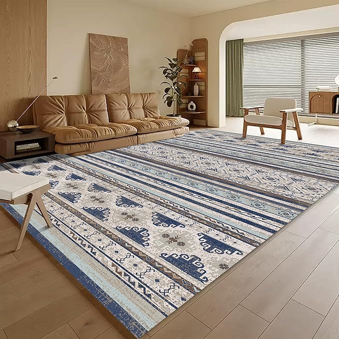 RUGSURE Washable Area Rugs 4' x 6' - 1/6 Thick - Moroccan-Inspired -Stain & Water Resistant Non-Slip - Resistant Rug for Living Room, Bedroom, Nursery, Pet & Child Friendly (Blue and Brown)