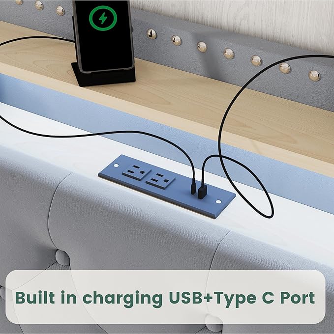 LARMACE Queen Size Bed Frame with Headboard Upholstered Tufted LED Platform Bed Frame Queen with 4 Storage Drawers&USB,Type-C Charging Station,Heavy Duty,No Box Spring Needed,Easy Assembly,Bluish Grey