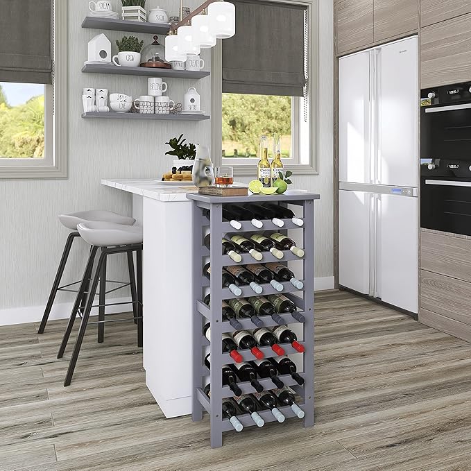 SMIBUY Bamboo Wine Rack, 28 Bottles Display Holder with Table Top, 7-Tier Free Standing Storage Shelves for Kitchen, Pantry, Cellar, Bar (Grey)