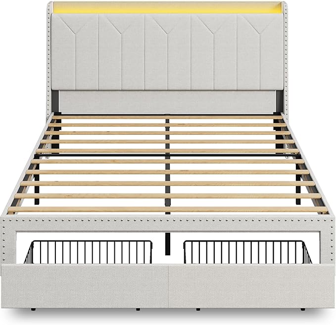 WLIVE Queen Size Upholstered Bed Frame with 2 Drawers, Linen Tufted Storage Headboard with Charging Ports and LED Light, Sturdy Metal & Wooden Slats Support, No Box Spring Needed, Beige