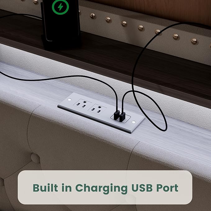 LARMACE King Bed Frame with 4 Storage Drawers and USB Charging Station Velvet Tufed Upholstered Platform Bed Frame with Headboard LED Light, Heavy Duty Platform/Noise Free, Easy Assembly, Grey