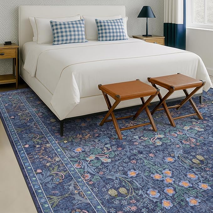 Boho 8x12 Washable Dark Blue Rug for Living Room - Large Area Rug for Dining Room Under Table, Bedroom Under Bed, Vintage Floral Design, Low Pile & Soft Indoor Décor