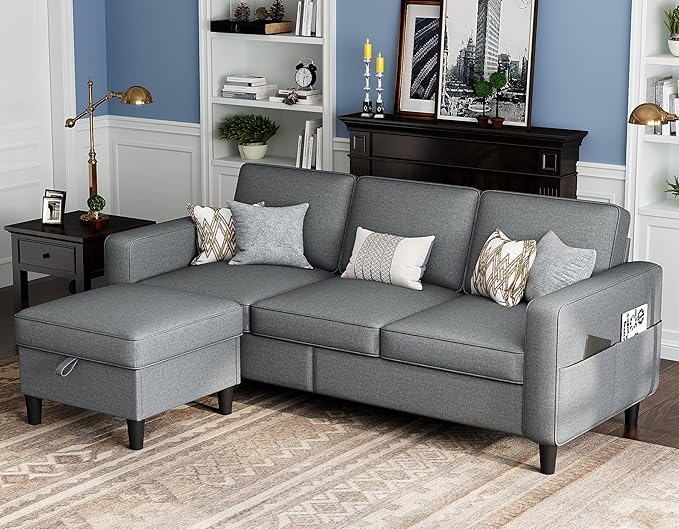 Sectional Sofas Couches for Living Room Convertible 3-Seater 78" L Shaped Couch for Small Spaces, Grey Pet-Friendly Modern Linen Fabric Sofa & Washable Covers for Apartments Studios Dorms