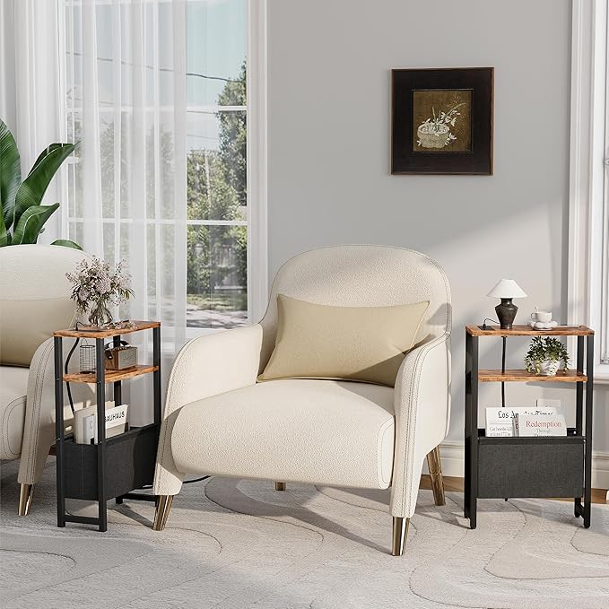 Narrow Side Table with Charging Station Slim End Table Sofa with Magazine Rack, Bedside Table for Small Spaces, 3 Tier Nightstand for Living Room Couch, Bedroom Rustic Brown LET503RE