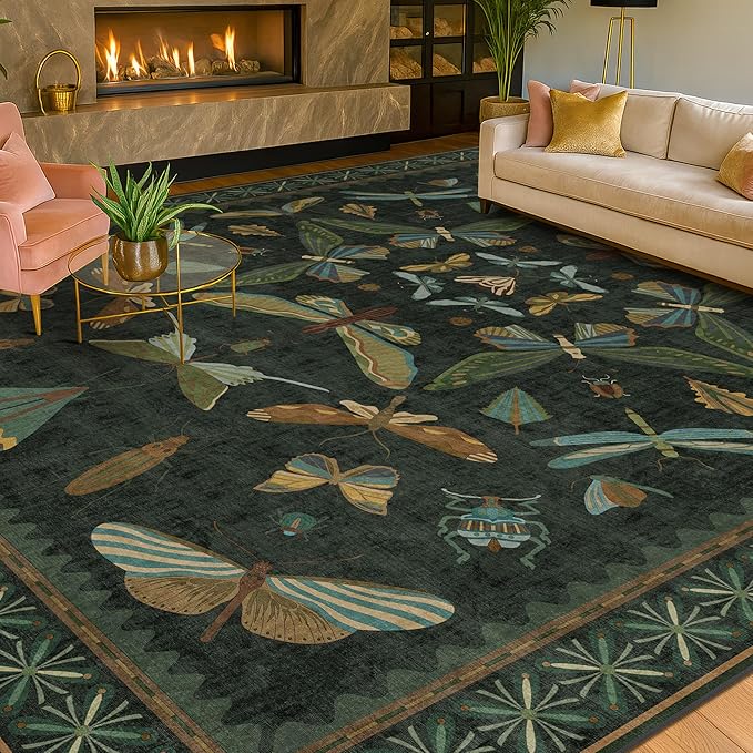 Dark Green Insect Area Rugs 8x10 for Living Room, Dining Room Under Table, Bedroom, Unique Washable Floral Non Slip Low Pile Soft Rug
