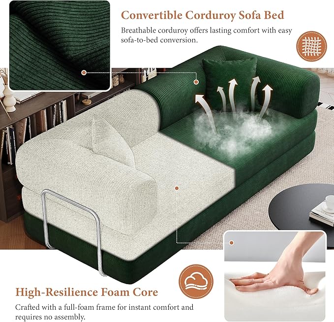 Boneless Couch Sectional Sofa,Convertible Sofa Bed with Sleeper Sofa,Futon Floor Couch Folding Sofas for Living Room,Bedroom,Apartment (Green, 78.8''W)