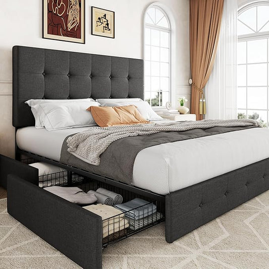 Allewie Upholstered Full Size Platform Bed Frame with 4 Storage Drawers and Headboard, Square Stitched Button Tufted, Mattress Foundation with Wooden Slats Support, No Box Spring Needed, Dark Grey