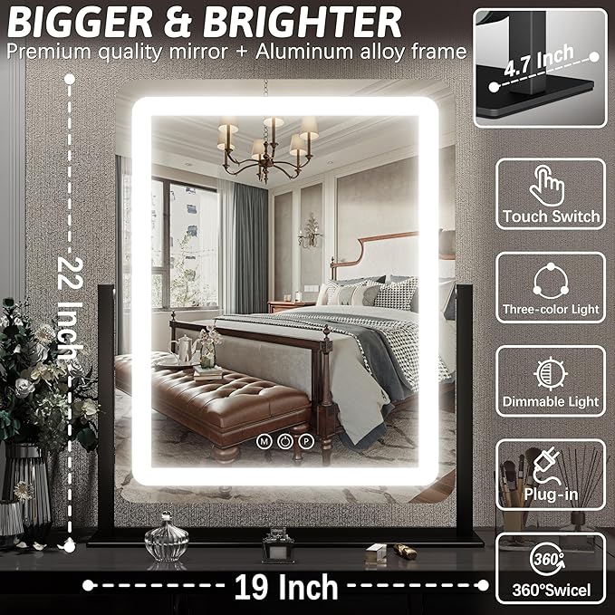 FENNIO Vanity Mirror with Lights 19"x22" - LED Lighted Makeup Mirror,Large Makeup Mirror with Lights,Touch Screen with 3-Color Lighting,Led Mirror Makeup,Dimmable, for Vanity Desk Tabletop, Bedroom