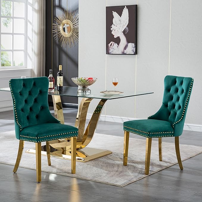 70" Modern Gold Glass Dining Table Set for 6, 7-Piece Rectangle Kitchen Dining Room Table Set with Steel Base & 6 Green Velvet Upholstered Chairs, Modern Glass Kitchen Table and Chairs Set of 6