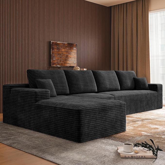3-Piece Boneless Modular Sectional Sofa, Cloud Couch with Left Facing Chaise, Oversized Deep Seat, Soft Corduroy Fabric, Sectional Couch for Living Room-Black
