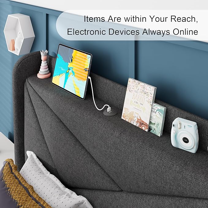 Feonase Twin Size Bed Frame with Charging Station, Upholstered Linen Bedframe with Wingback Headboard, Solid Wood Slats Support, No Box Spring Needed, Noise Free, Charcoal Grey