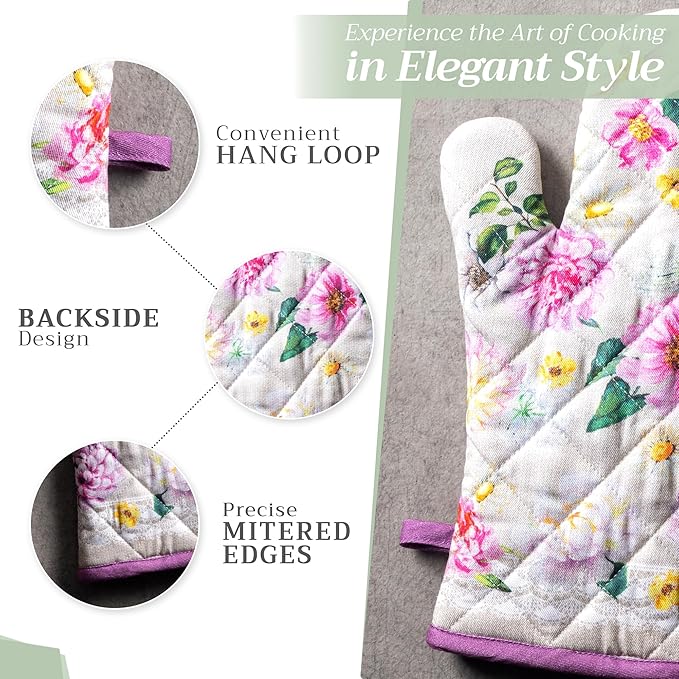 Maison d' Hermine Oven Gloves 100% Cotton Oven Mitt 7" x 13" with Loop Heat Resistant, BBQ, Cooking Gloves, Baking, Grilling, Kitchen, Handling Hot Pans Spring/Summer (Pack of 1, Pivoine)