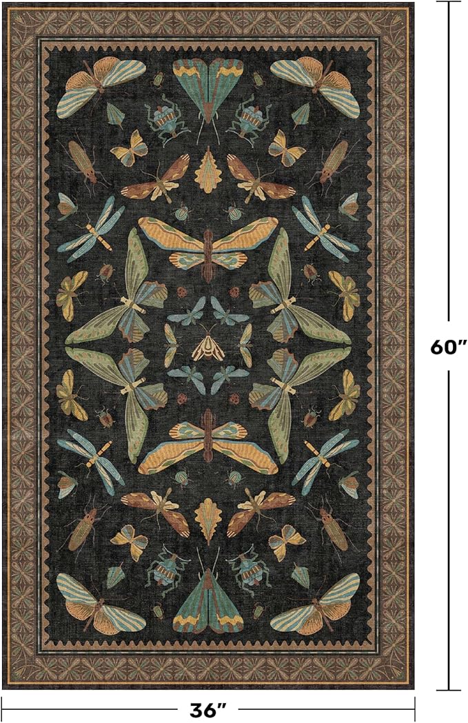 3x5 Entryway Rug Non Slip Washable - Black Throw Rug for Kitchen, Mudroom, Bedroom Bedside, Insect Boho Vintage Aesthetic Décor