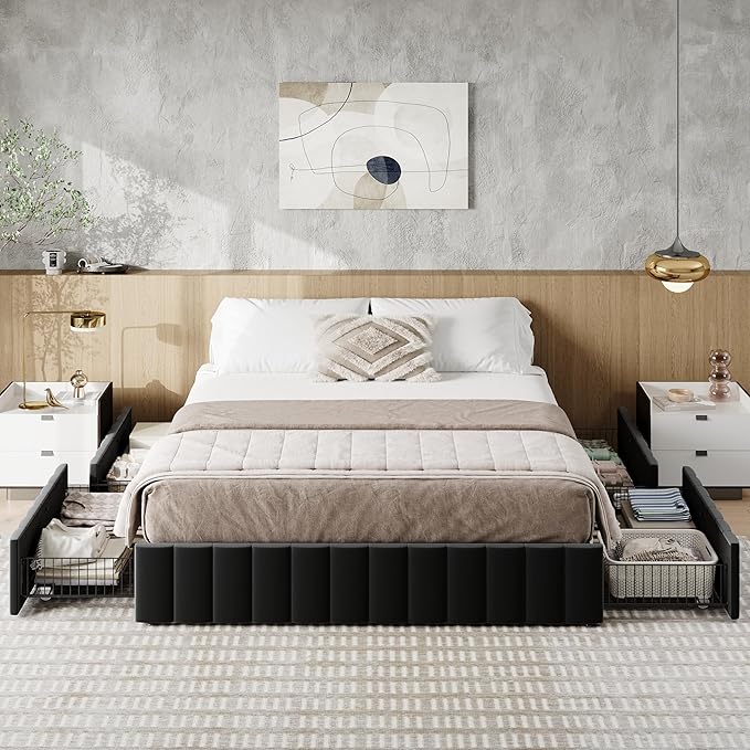 Allewie Queen Size Platform Bed Frame with 4 Large Storage Drawers, Velvet Vertical Channel Tufted Upholstered Bed Base, Wooden Slats Support, Noise-Free, No Box Spring Needed, Easy Assembly, Black