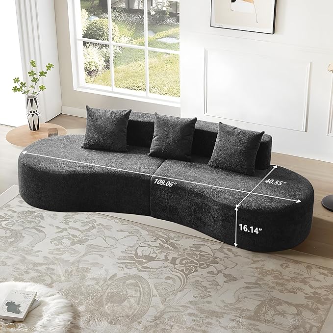 109'' Curved Couch, Mid Century Modern Half Moon Sofa, Luxury 3-Seat Couch with High-Density Foam Filled, Raindrop Velvet Fabric Sectional Sofa for Living Room, Apartment, Office, Black
