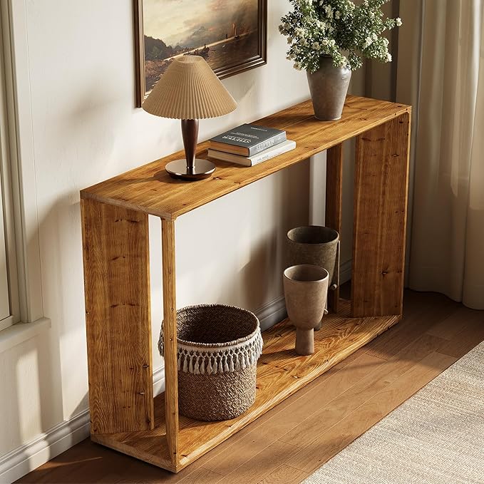 2-Tier Solid Wood Console Table for Living Room, 55" Farmhouse Entryway Table Indoor for Foyer, Hallway (Brown)