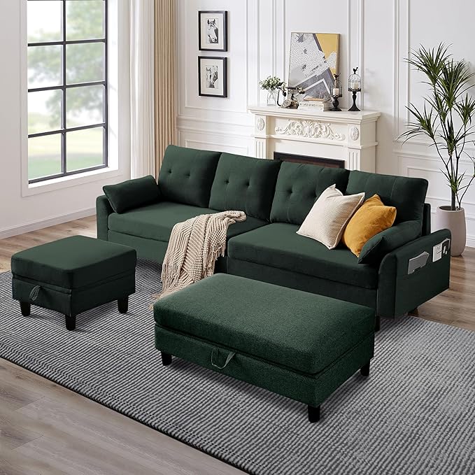 102" L-Shape Sofa Couch, Couch with Ottoman Coffee Table, 4 Seat Modern Sofa with Removable Cover for Apartment and Living Room, Green