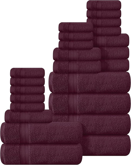 BOUTIQUO 24 Pack Cotton Towel Set, Contains 6 Bath Towels 27x54 inch, 6 Hand Towels 16x24 inch & 12 Wash Coths 12x12 inch, Ideal Everyday use, Ultra Soft Compact & Lightweight - Burgundy