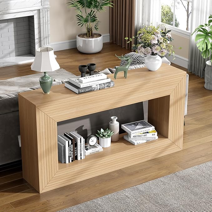 55" Console Table, 2-Tier Farmhouse Sofa Table with Storage Behind Couch, Narrow Rectangular Entryway Table for Living Room, Hallway, Entrance, Foyer, Natural