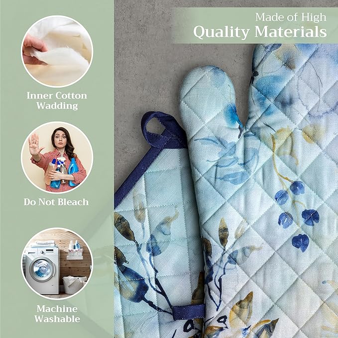 Maison d' Hermine 100% Cotton Oven Mitt & Pot Holder Set (7.5"x13" & 8"x8") Heat Resistant BBQ Cooking Gloves with Loop, Baking, Grilling, Kitchen, Handling Hot Pans Spring/Summer (Lazy Summer Days)