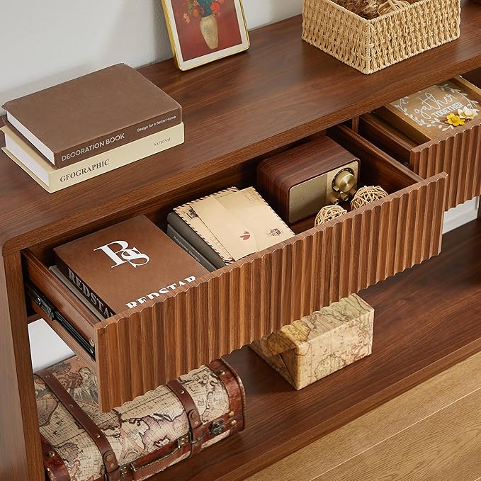 59" Rustic Flute Console Table with 2 Drawers, Modern Farmhouse Entrance Table, Sofa Table for Behind Sofa, Hallway Table with Storage Compartment, Suitable for Hallway and Living Room,Walnut