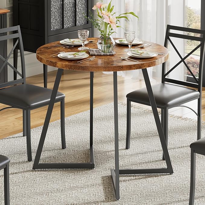 VECELO 35" Round Dining Table for 4, Wood-Grain Tabletop & Heavy-Duty Steel Frame, for Kitchen, Living Room, Easy Assembly, Antique Brown