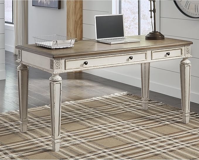 Signature Design by Ashley Realyn Farmhouse 60" Home Office Desk with USB Charging, Chipped White