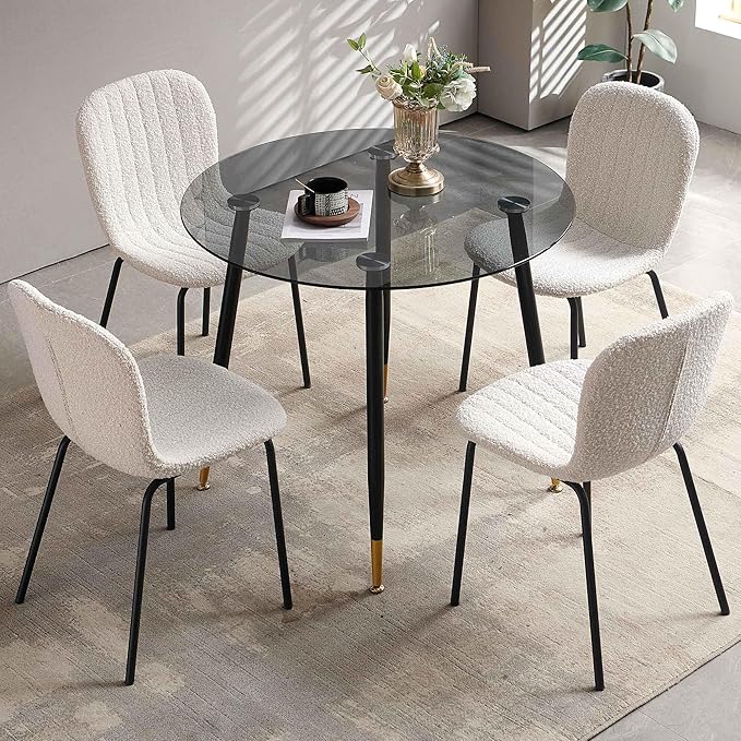 Modern Kitchen Table Set for 4, 5 PCS Grey Glass Round Dining Table Set, 35.43" Round Kitchen Table Transparent with 4 Upholstered Accent Chairs Comfortable Dining Chairs