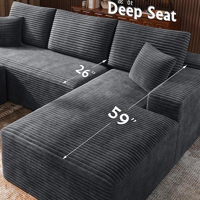 3-Piece Boneless Modular Sectional Sofa, Cloud Couch, Right Facing Chaise with Ottoman, Oversized Deep Seat, Soft Corduroy Fabric, Sectional Couch for Living Room-Grey