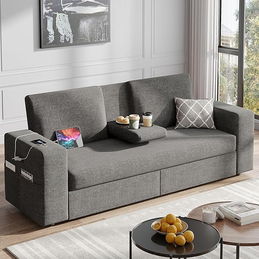 Maupvit 75” Loveseat Sofa with 2 Drawers, USB & Type-C Charging Port, Comfortable Linen Living Room Couch with Small Table Board, Upholstered Small Settee Fits Bedroom, Office, Grey