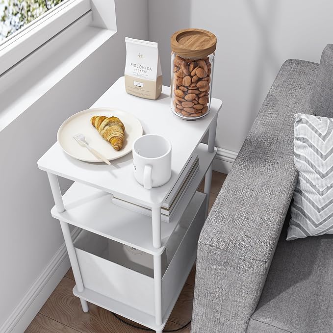 Small Side Table with Charging Station, Set of 2 End Table for Small Spaces, Slim Nightstand with Outlet,Sofa Beside Table, 3-Tier Storage Shelf,Living Room, Bed Room, Natrual White