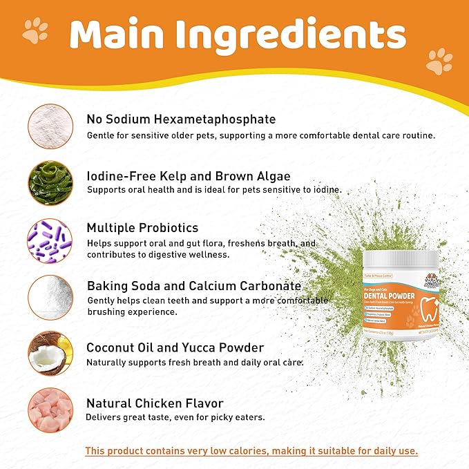 Dog Teeth Cleaning Powder - Natural Dog Dental Powder -Gentle Dog Breath Freshener, Dog Plaque and Tartar Remover, Vet Formulated No Sodium Hexametaphosphate- 60 Scoops, 4.23oz (120g)