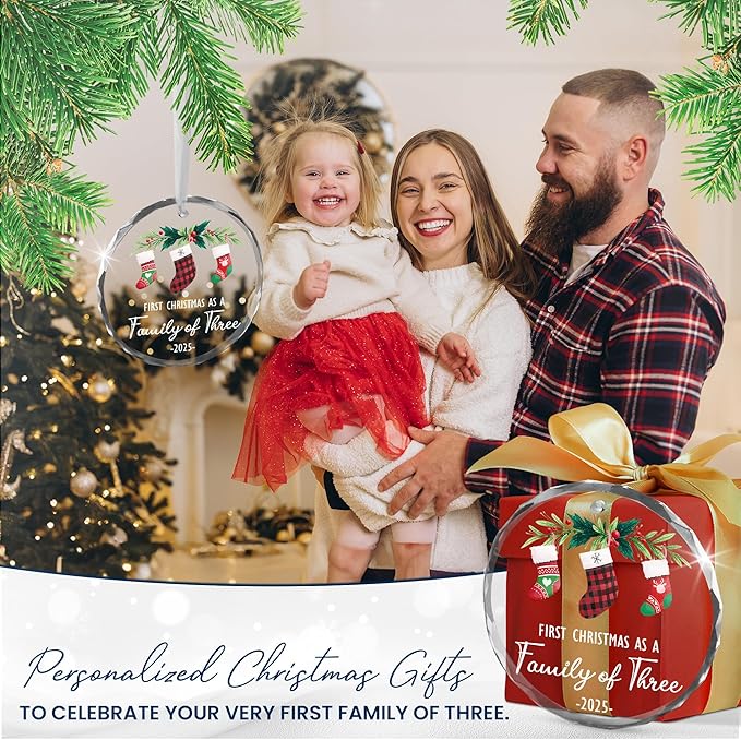 Baby’s First Christmas Ornament 2025 – Christmas Tree Decoration Glass Ornaments - Family of Three Ornament Gifts for New Parents, New Mom Dad Gift, Christmas Tree Decoration Keepsake