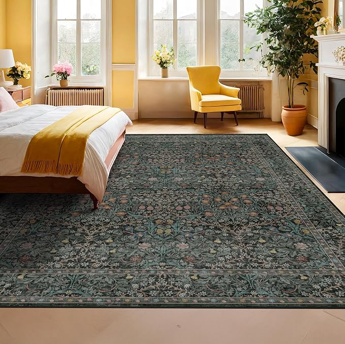 Vintage Dark Green Living Room Rug, 7x10 Washable Area Rugs for Dining Room Under Table, Bedroom, Oriental Low Pile Stain Resistant Non-Slip Thin Soft Carpet