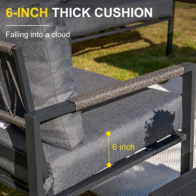 Metal Patio Furniture Set with 51inch Grey Fire Pit Table, 6-Piece Modern Outdoor Conversation Set with 6-Inch Thick Cushions, Outdoor Furniture Set for Garden, Backyard, Balcony, Poolside (Dark Grey)