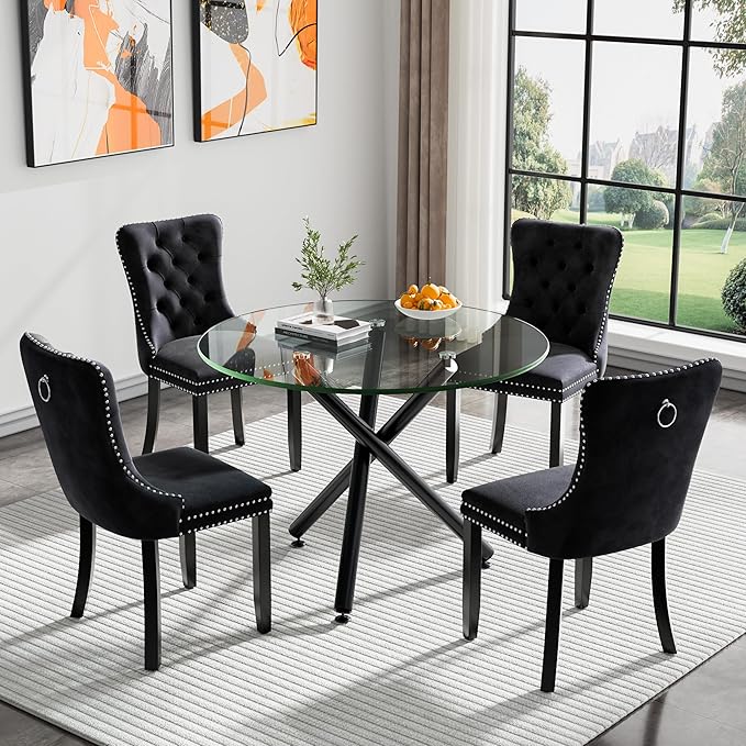 36" Round Glass Dining Room Table for 4 with Tempered Glass Top and Black Metal Tube Legs, Modern Clear Kitchen and Dinner Table for Home Office Dining Room