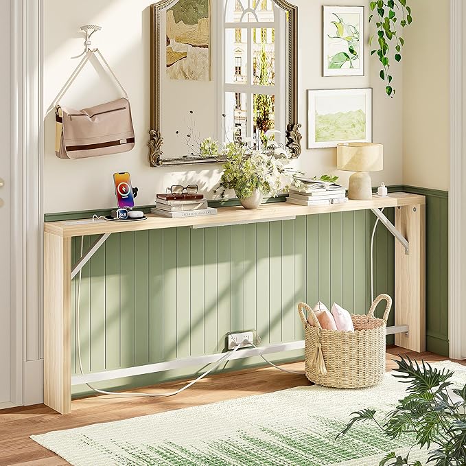 TIQLAB Sofa Table, 79 inch (1.2'' Thick Tabletop) Long Console Table Behind Couch, Narrow Entryway Table with Angled Metal Frame, Industrial Console Table for Entryway, Light Walnut