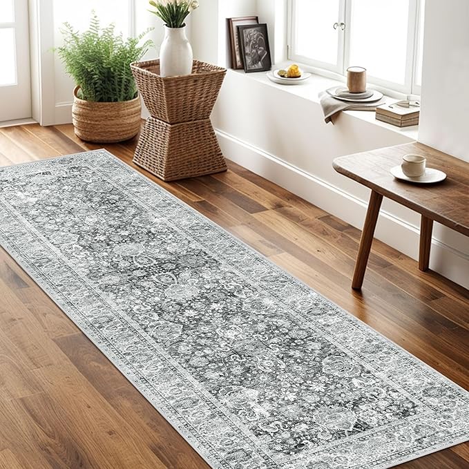 Deerly Rug Runner 2x6 Ft Washable Carpet Runner Runner Non-Slip Grey Runner Rugs with Rubber Backing Low-Pile Ultra-Soft Distressed Rug for Kitchen Bedroom(Grey)