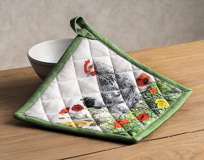 Maison d' Hermine 100% Cotton Oven Mitt & Pot Holder Set (7.5"x13" & 8"x8") Heat Resistant BBQ Cooking Gloves with Loop, Baking, Grilling, Kitchen, Handling Hot Pans Spring/Summer (Basse Cour)