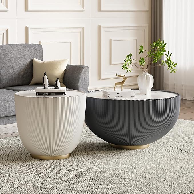 Round Coffee Table Set with Sintered Stone Tabletop, 27.56" Grey Drum Center Table and 19.69" White Coffee Table Set, 2 Pieces Living Room Table Set with Fluted PU Leather Cover& Metal Base