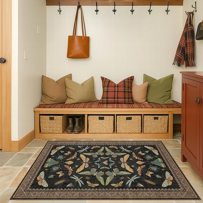 3x5 Entryway Rug Non Slip Washable - Black Throw Rug for Kitchen, Mudroom, Bedroom Bedside, Insect Boho Vintage Aesthetic Décor