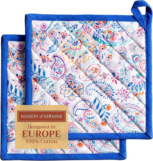 Maison d' Hermine Pot Holders Set 100% Cotton Heat Resistant Potholders 8" x 8" Hot Pads with Loop BBQ, Cooking, Baking, Grilling, Kitchen, Handling Hot Pans Spring/Summer (Pack of 2, Indian Floral)