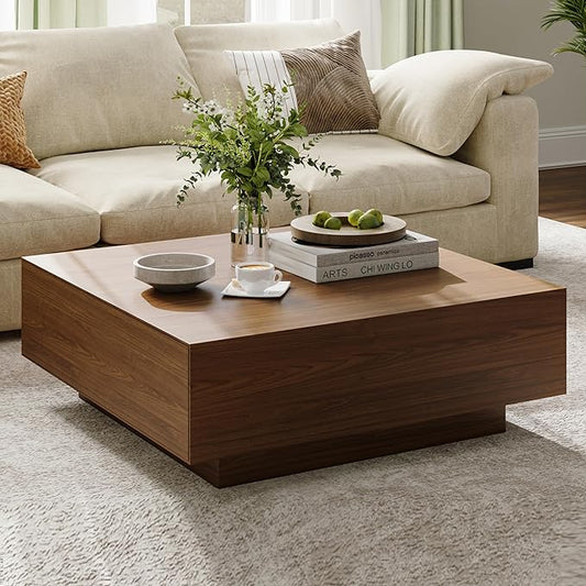 POVISON Modern Square Coffee Table with Storage, 39.37" Wood Coffee Table for Living Room Home Office, Fully-Assembled Walnut