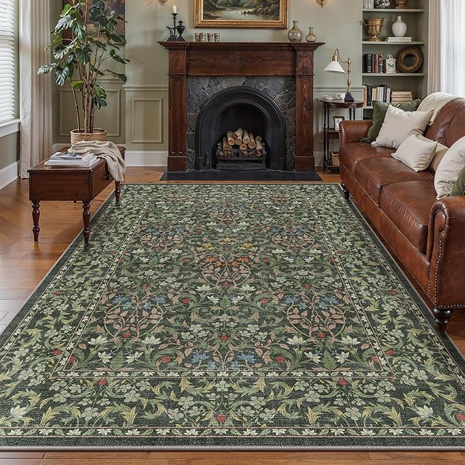 GENIMO 6x9 Washable Area Rug, Non-Slip Vintage Boho Floral Carpet, Soft Low-Pile Thin Living Room Rug for Bedroom, Dining Room, Nursery, Emerald Green